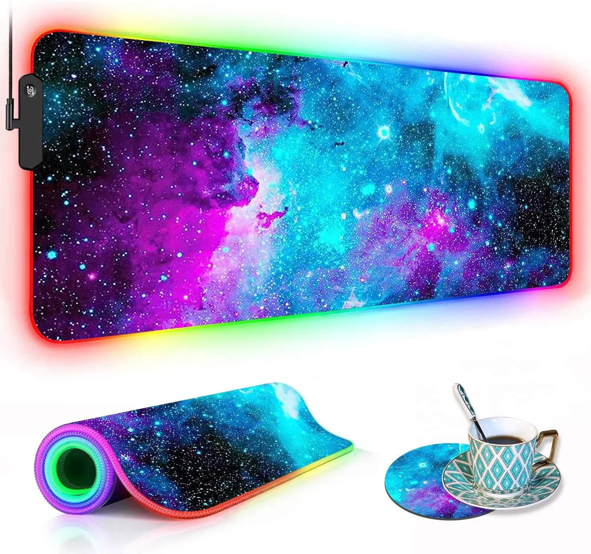 RGB gaming mousepad with galaxy print, rolled pad edge glowing, and matching coaster under coffee cup