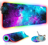 RGB gaming mousepad with galaxy print, rolled pad edge glowing, and matching coaster under coffee cup