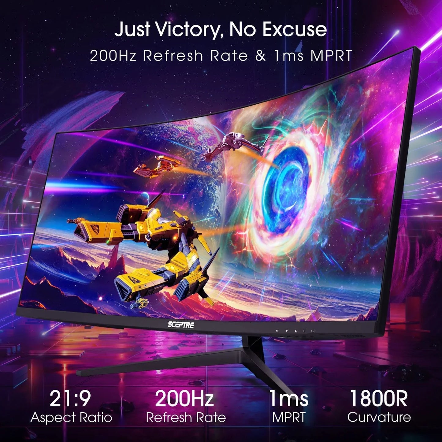 Curved Sceptre gaming monitor displaying vibrant space battle with fast 200Hz refresh rate and 1ms response