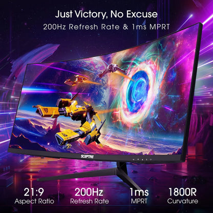 Curved Sceptre gaming monitor displaying vibrant space battle with fast 200Hz refresh rate and 1ms response