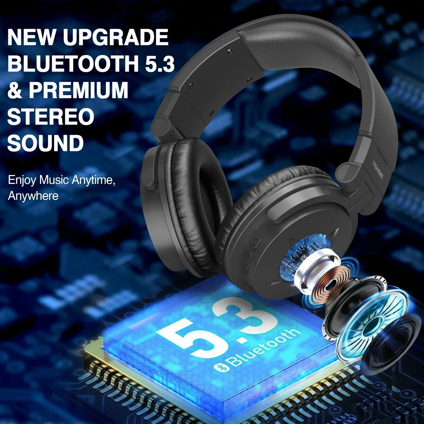 Wireless gaming headset with Bluetooth 5.3, premium stereo sound and exploded driver view