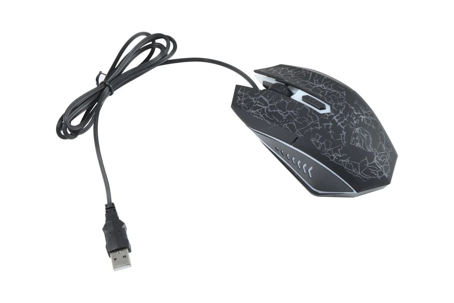 Black wired gaming mouse with cracked pattern design and USB connector on white background