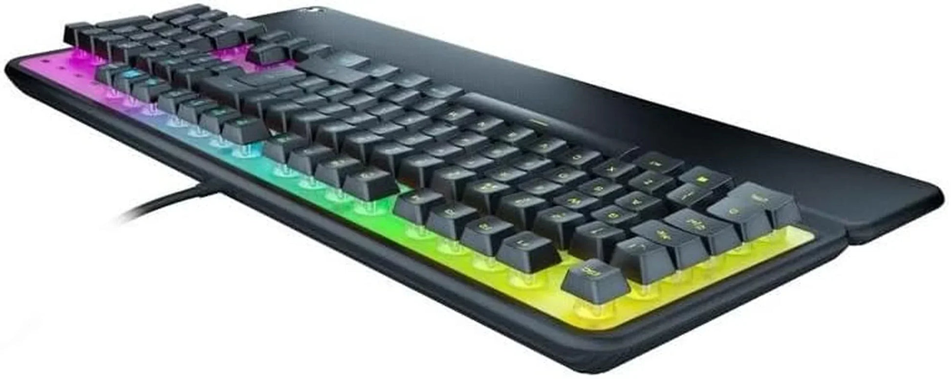 RGB backlit gaming keyboard with black keys and wrist rest, Byte Style modern gaming gear