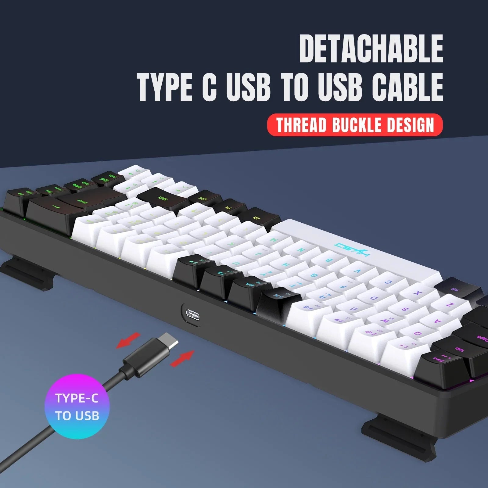 Mechanical keyboard with detachable Type C USB to USB cable featuring thread buckle design