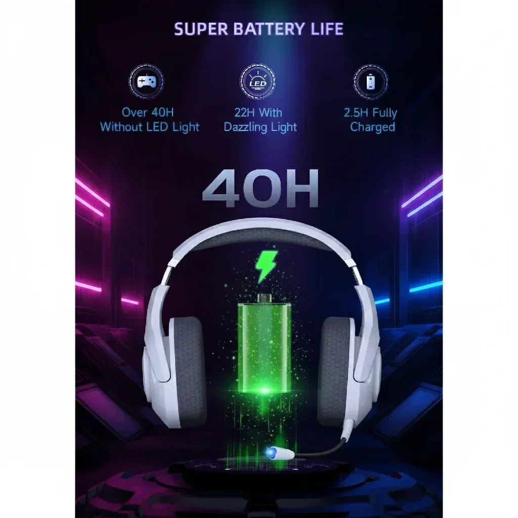 Wireless gaming headset with LED lighting, 40-hour battery life and charging cable