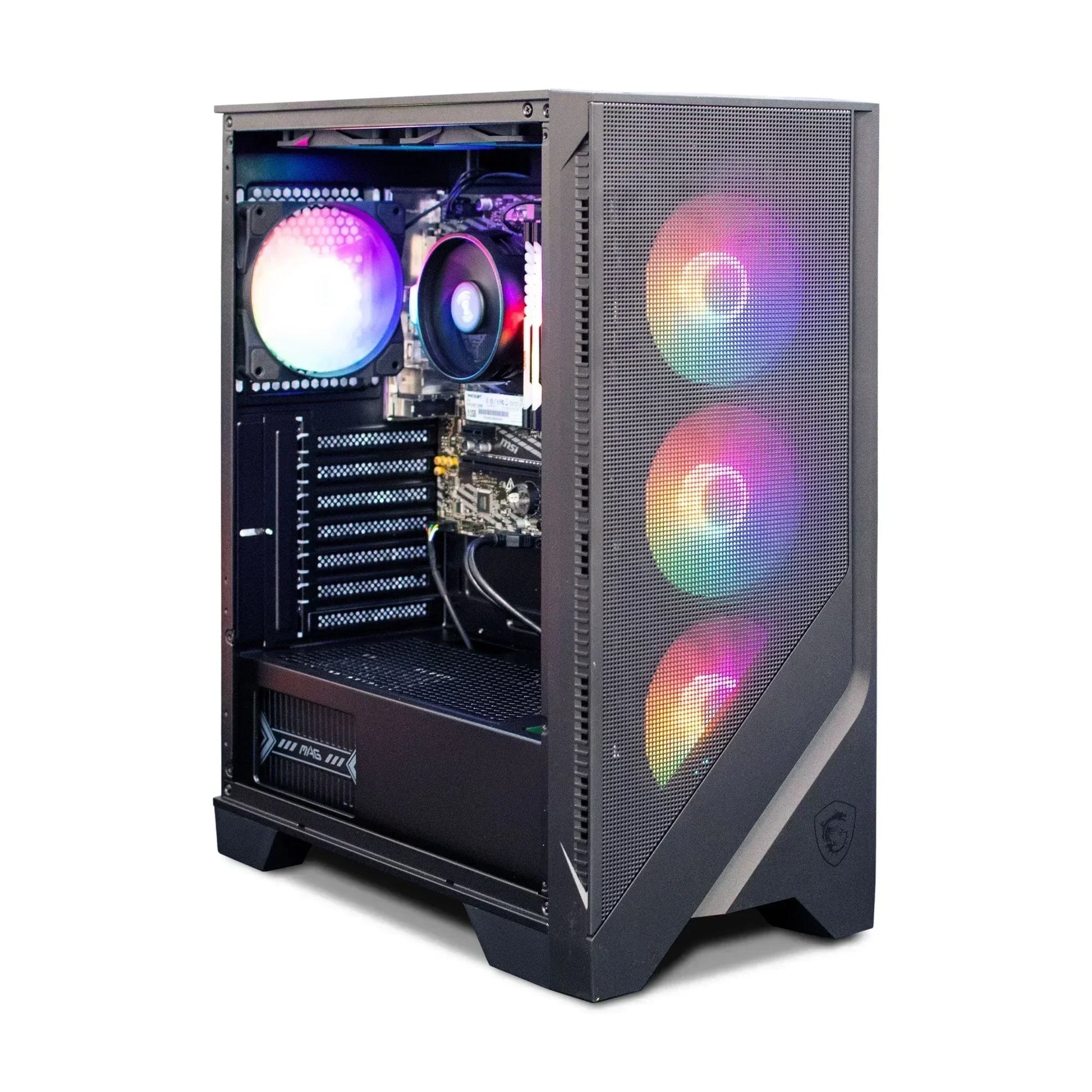 Gaming PC tower with RGB fans and transparent side panel, custom desktop setup