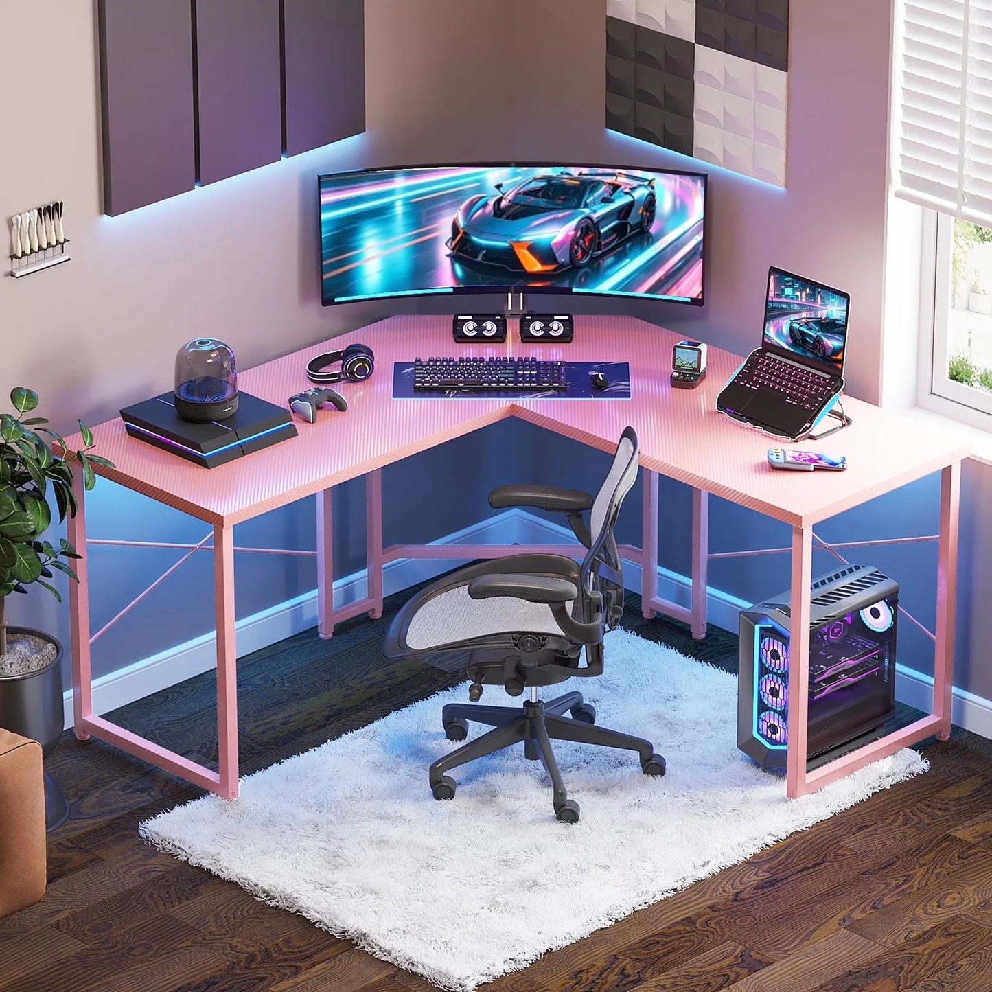 Computer Desk L Shaped, 51 Inch Reversible L Shaped Desk, Gaming Desk, Home Office Desk, Pink