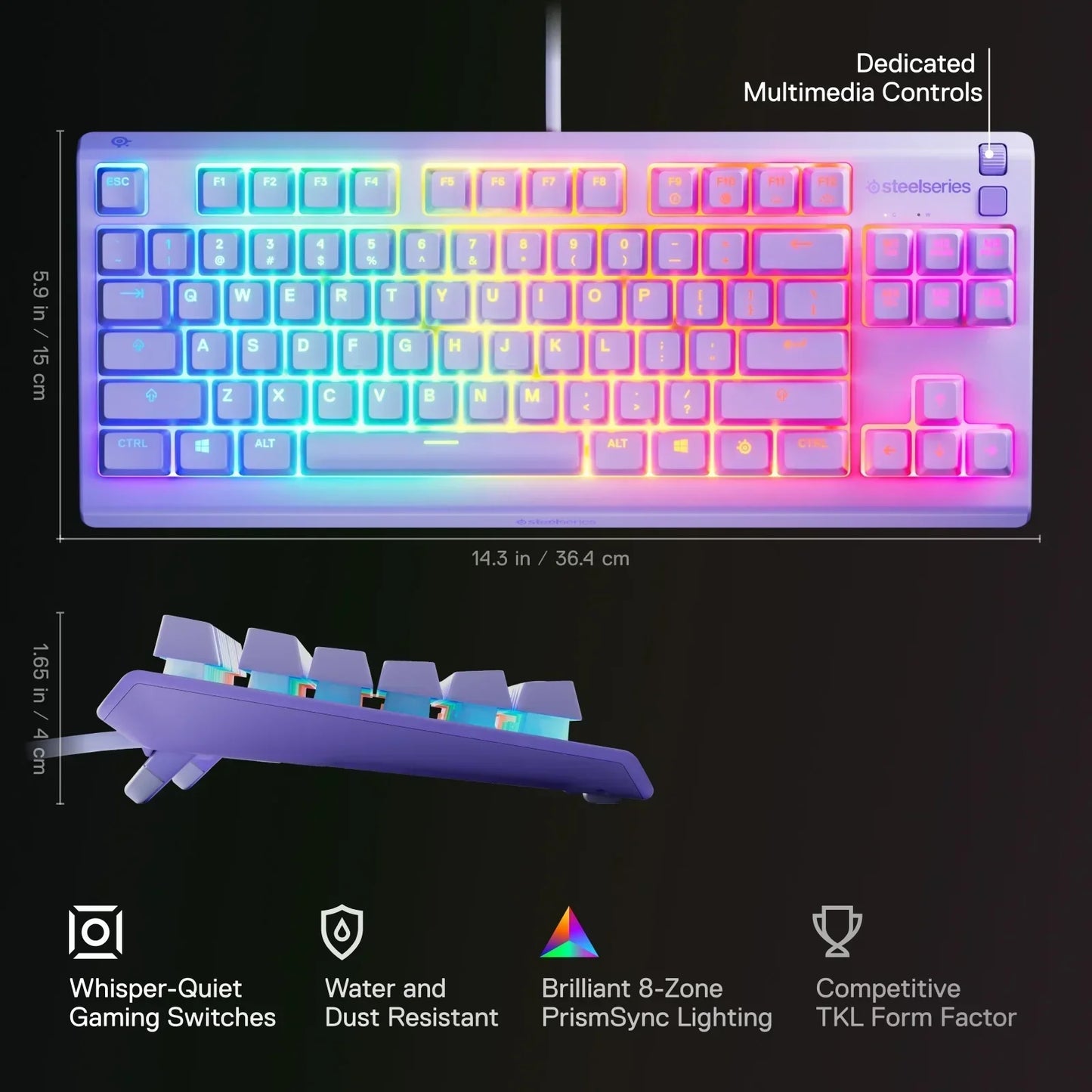 RGB gaming keyboard with PrismSync lighting, dedicated media controls, and water resistance.
