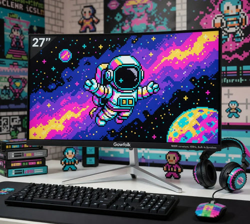 Retro gaming setup with 8-bit astronaut art on a 27-inch monitor, mechanical keyboard, colorful headset, and pixel art decor.