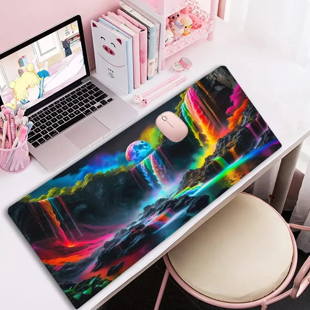 Colorful fantasy landscape mousepad with rainbow waterfalls on white desk featuring pink laptop and stationery