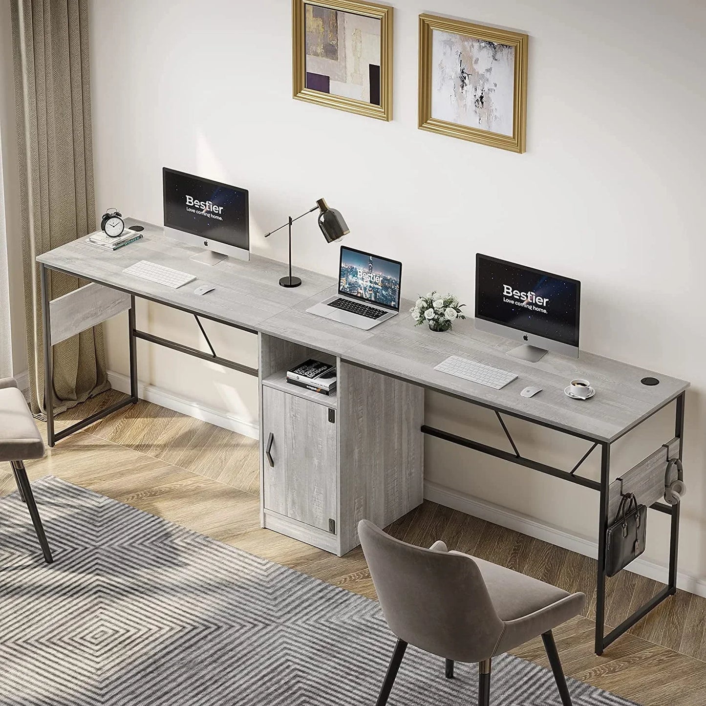 Reversible 60" L Shaped Computer Desk with Storage Cabinet Long Desk for 2 Person Wash White