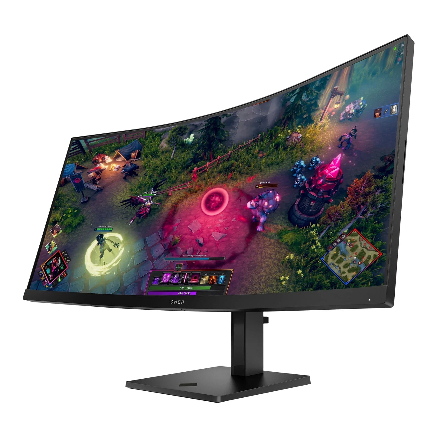 Curved OMEN gaming monitor displaying vibrant multiplayer online battle arena game with fantasy characters