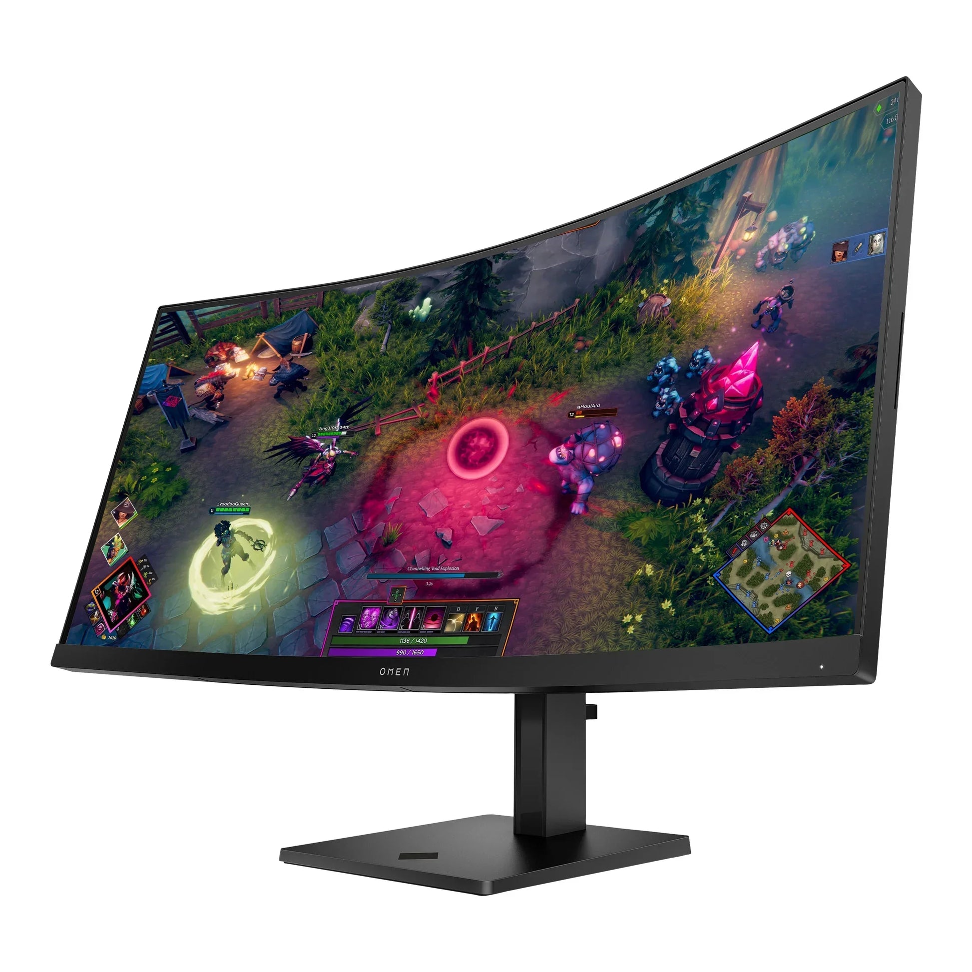 Curved OMEN gaming monitor displaying vibrant multiplayer online battle arena game with fantasy characters