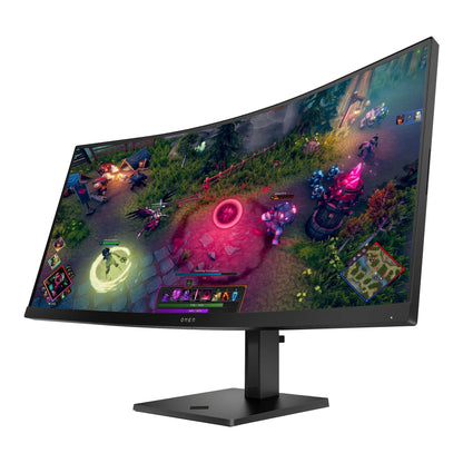 Curved OMEN gaming monitor displaying vibrant multiplayer online battle arena game with fantasy characters
