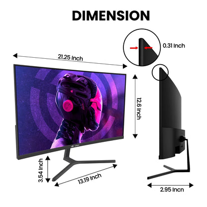 CRUA curved gaming monitor with futuristic purple helmet wallpaper and detailed dimensions shown