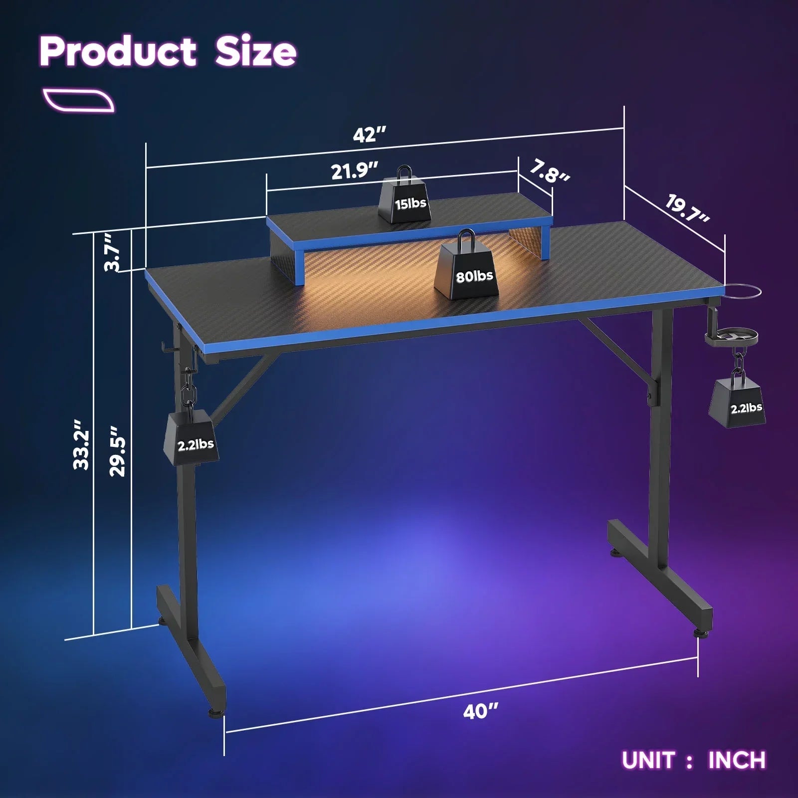 Black gaming desk with carbon fiber texture, blue trim, metal frame, and dimensions in inches