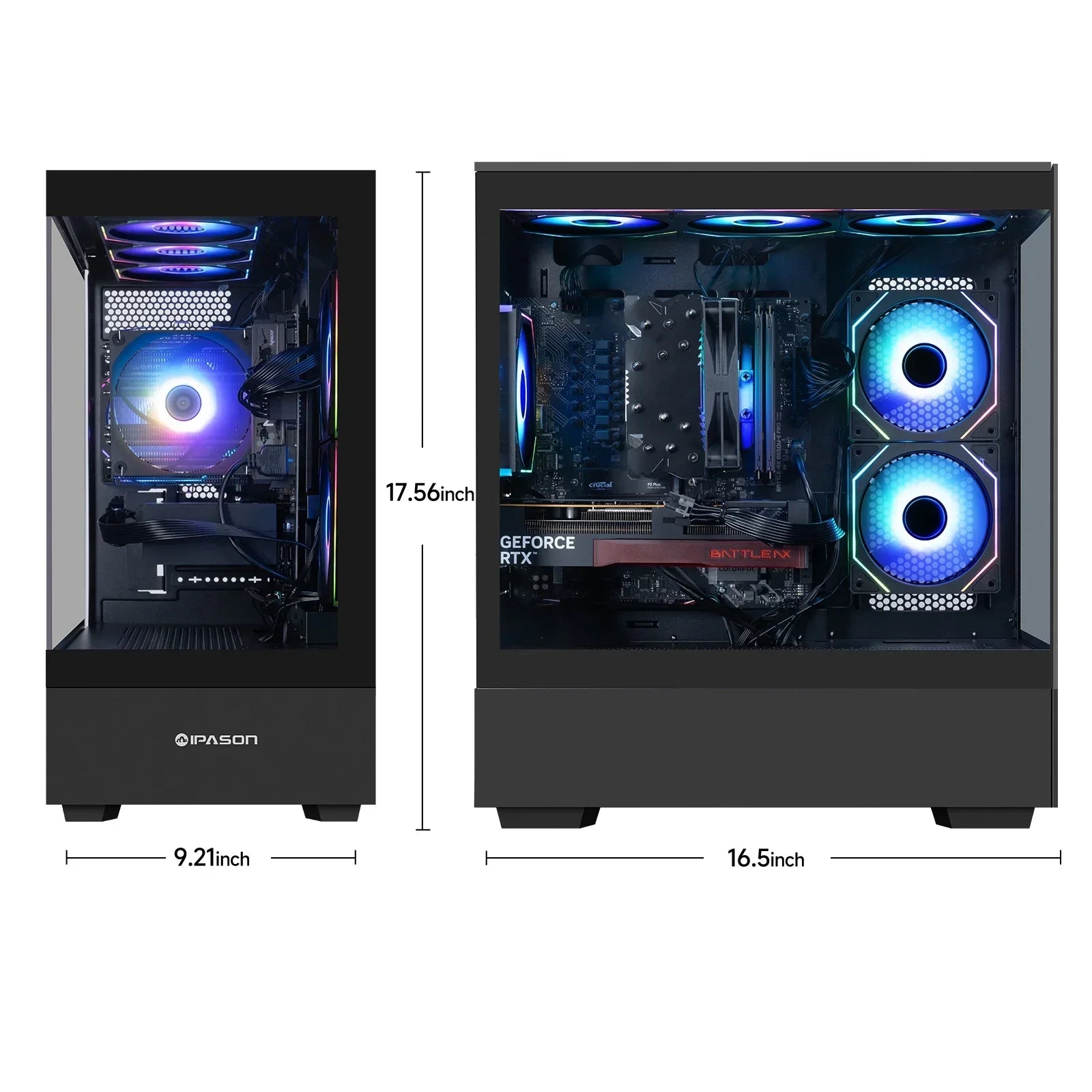 IPASON black gaming PC case with RGB cooling fans showing front and side views with size dimensions