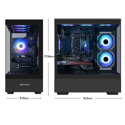 IPASON black gaming PC case with RGB cooling fans showing front and side views with size dimensions