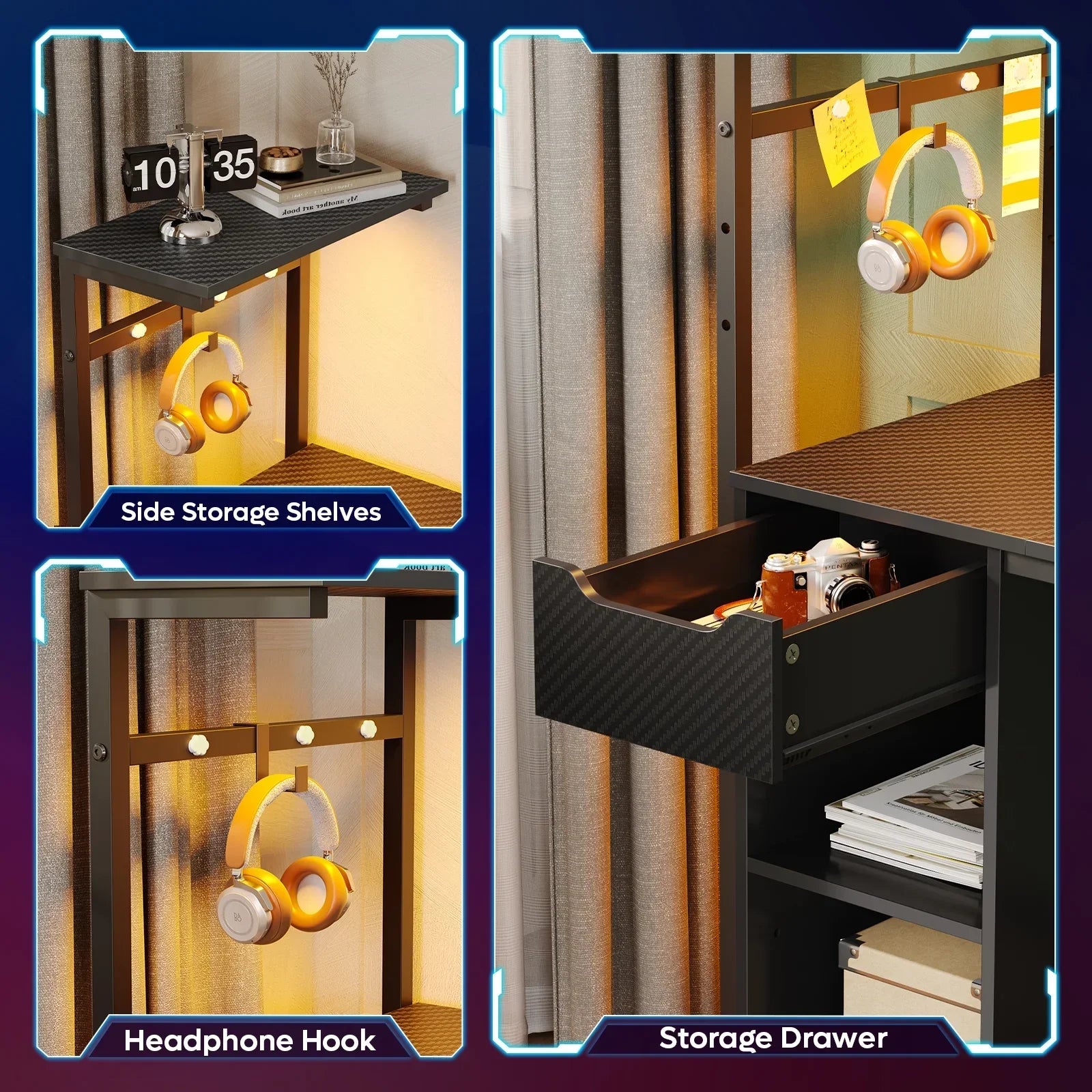 Black desk storage features side shelves with clock and decor, headphone hook with orange headphones, and open storage drawer