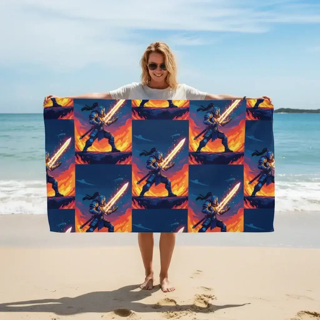 Woman on beach holding towel with repeating graphic of armored knight wielding glowing sword