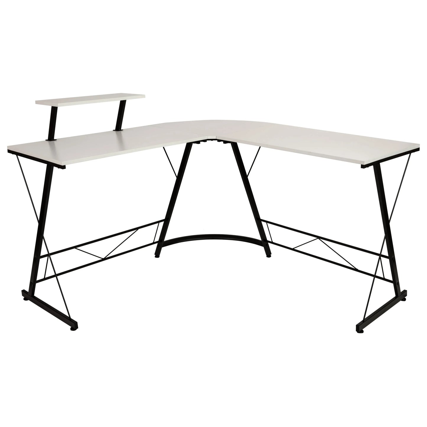 Modern L-shaped white corner desk with black metal frame and raised platform