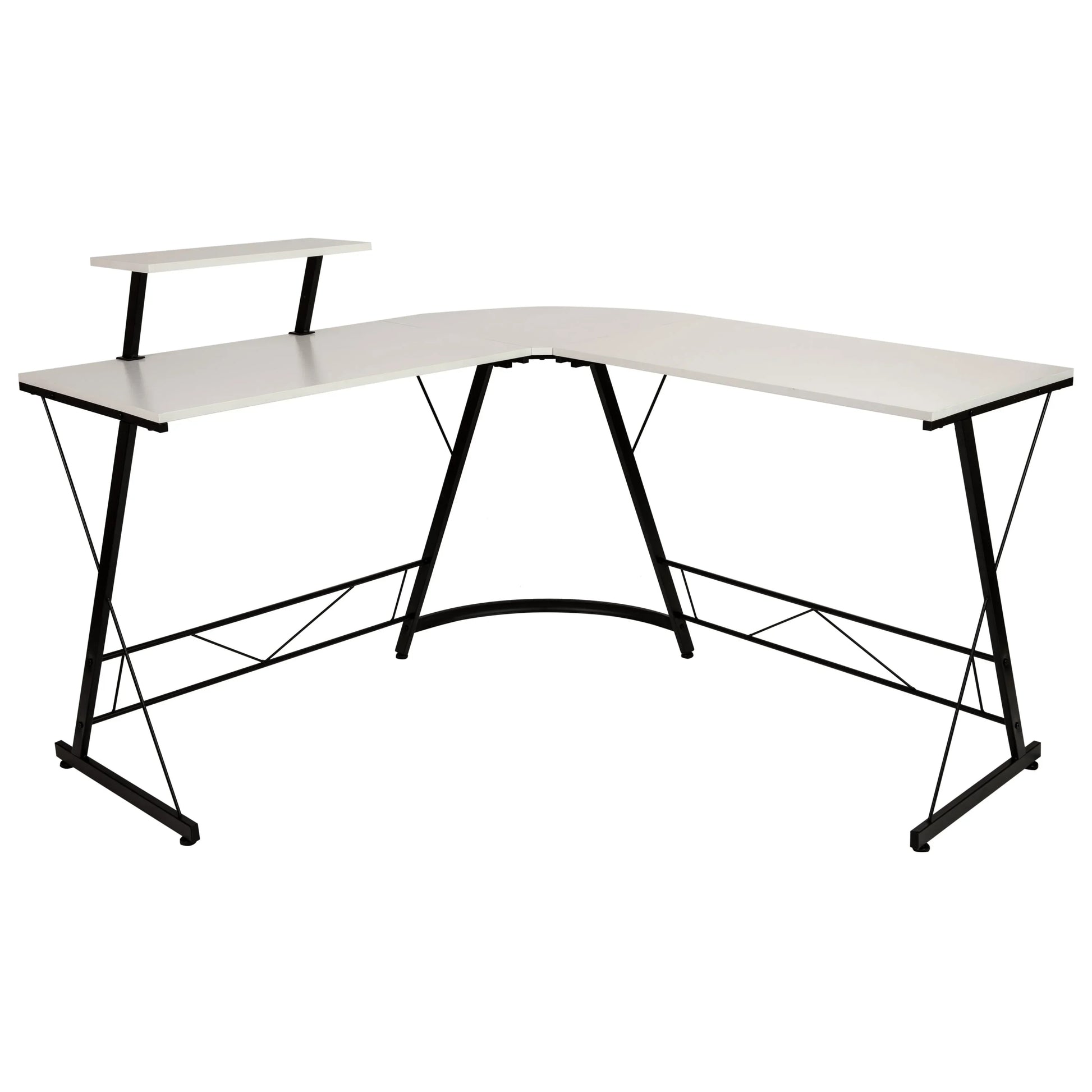 Modern L-shaped white corner desk with black metal frame and raised platform