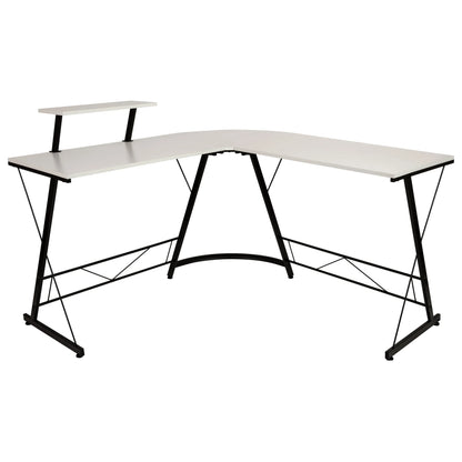 Modern L-shaped white corner desk with black metal frame and raised platform