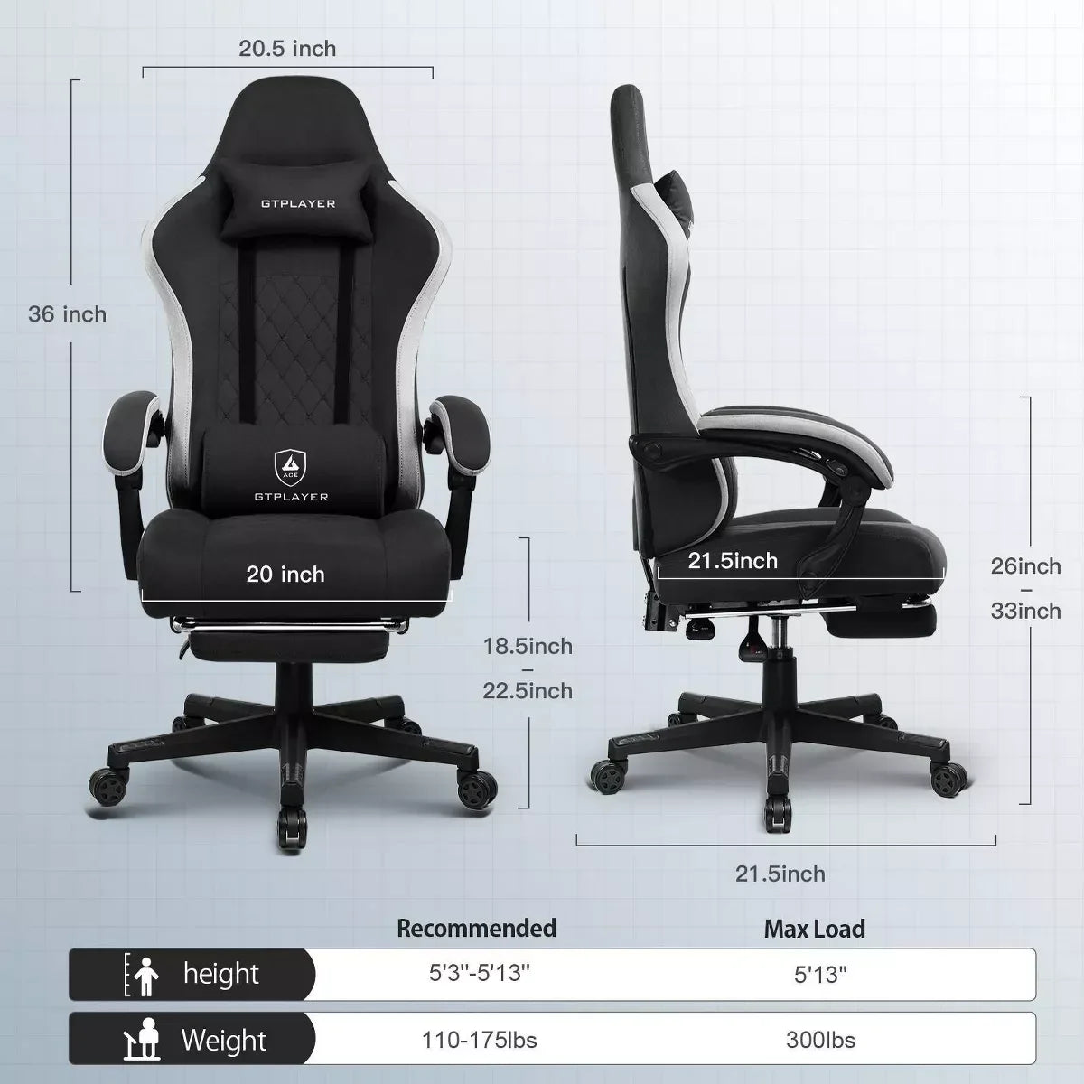 Black and gray GTPLAYER gaming chair with measurements and adjustable height, designed for users 5'3"-5'13" and up to 300 lbs