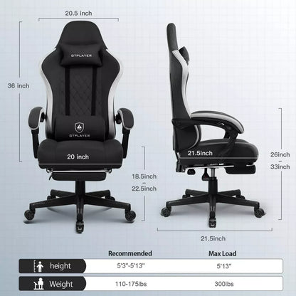 Black and gray GTPLAYER gaming chair with measurements and adjustable height, designed for users 5'3"-5'13" and up to 300 lbs