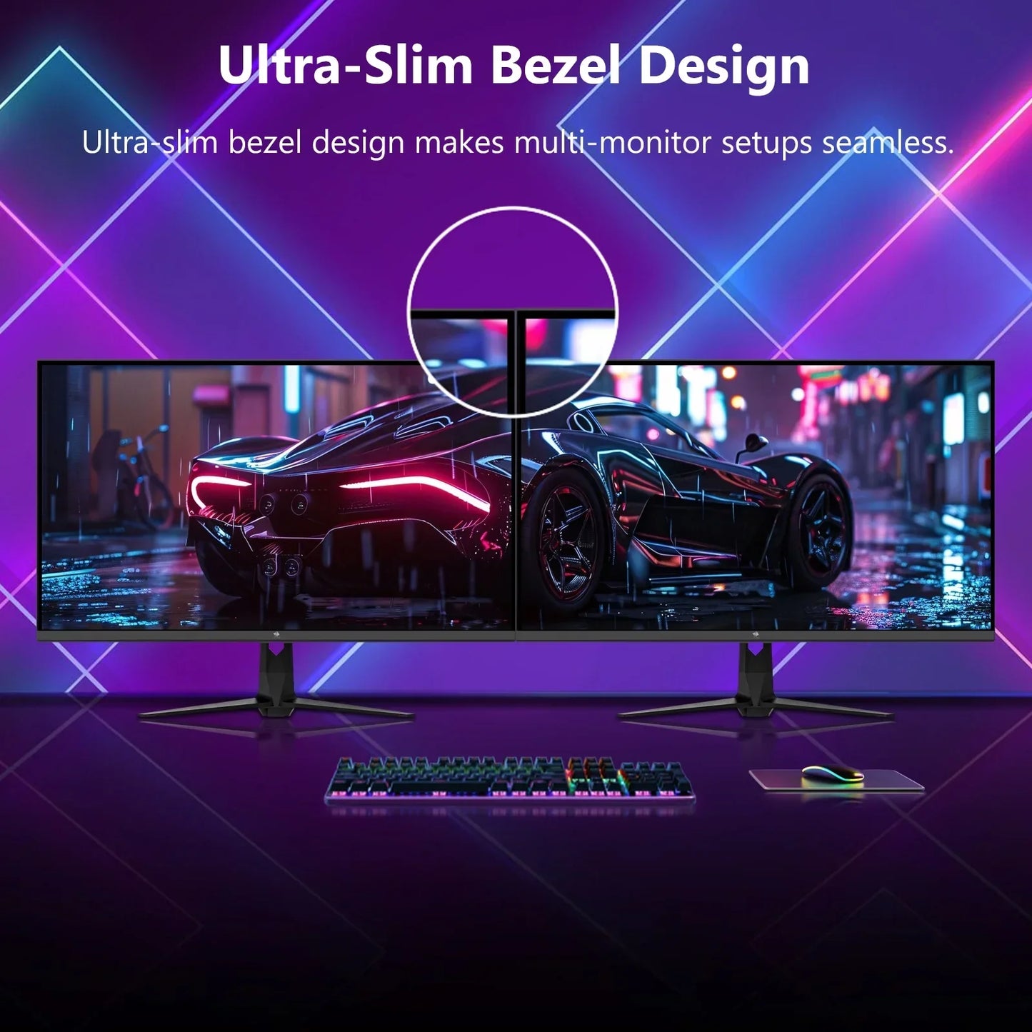 Dual ultra-slim bezel gaming monitors displaying a neon-lit car racing scene with RGB keyboard and mouse on a reflective desk