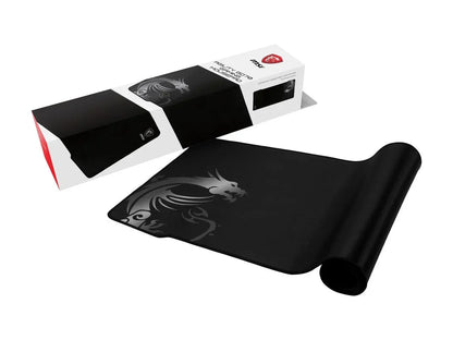 MSI Agility GD70 gaming mousepad black with dragon logo and packaging box on white background