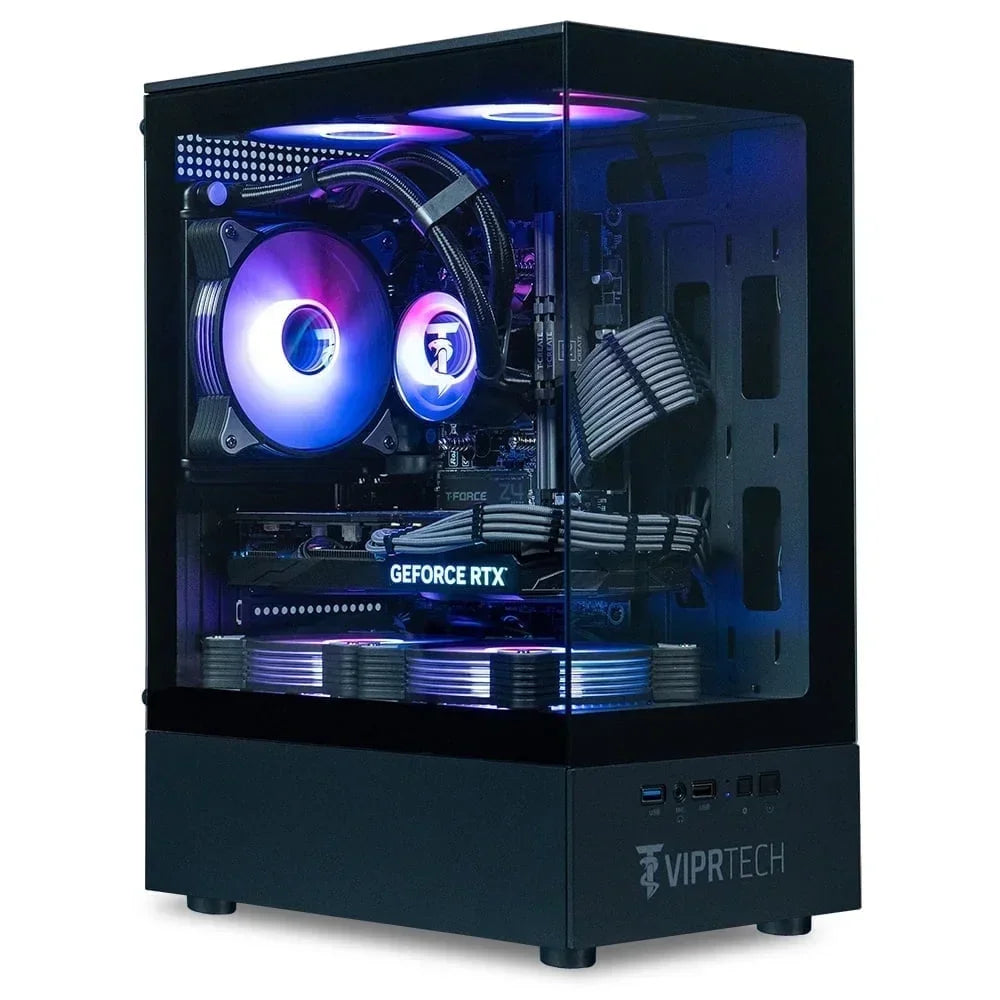 Gaming PC with RGB lighting, GeForce RTX graphics card, and glass side panel