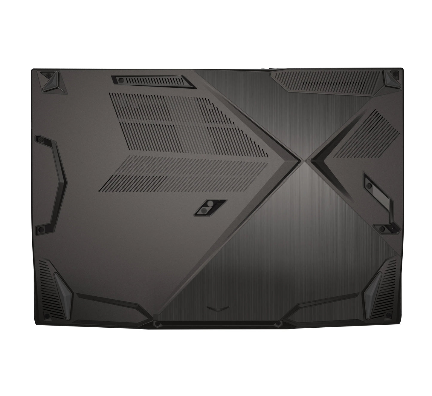 Bottom view of a black gaming laptop with angular, geometric ventilation panels