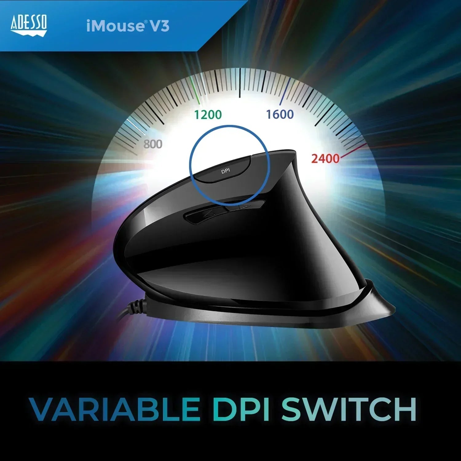 Black ergonomic gaming mouse with variable DPI switch and illuminated speed gauge background