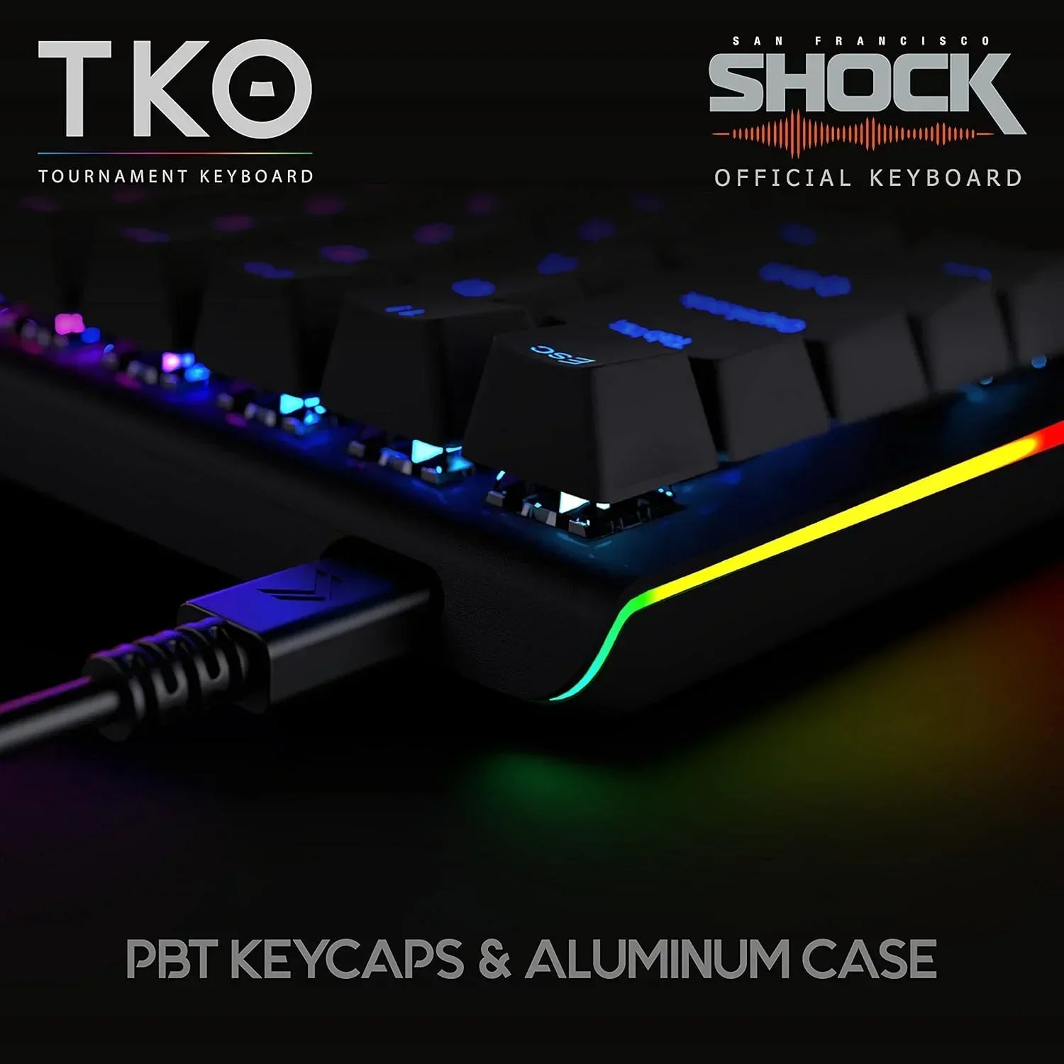 TKO RGB gaming keyboard with PBT keycaps, aluminum case, and vibrant LED lighting