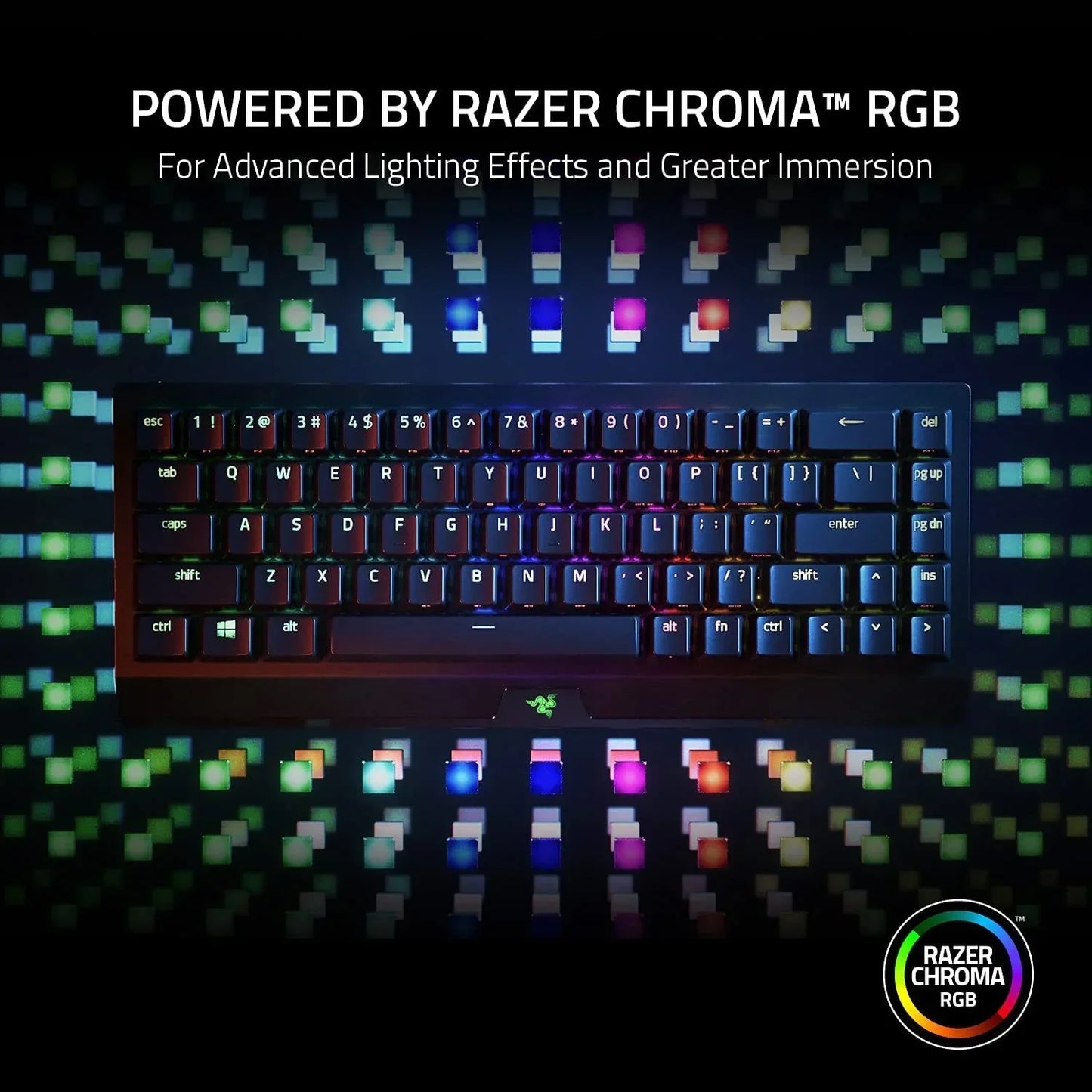 Razer Chroma RGB gaming keyboard with colorful backlighting, pixel background, Byte Style