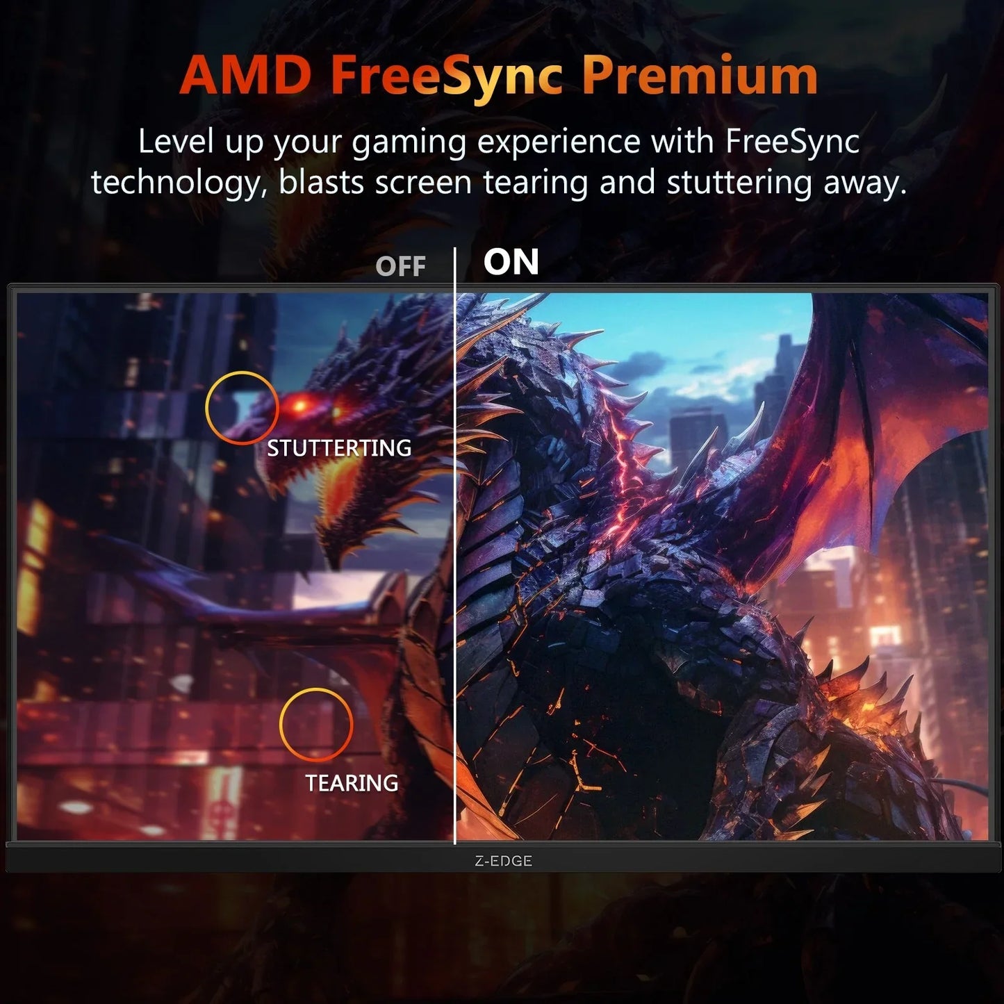 Gaming monitor split screen showing AMD FreeSync Premium off causing stuttering and tearing, on with smooth dragon visuals