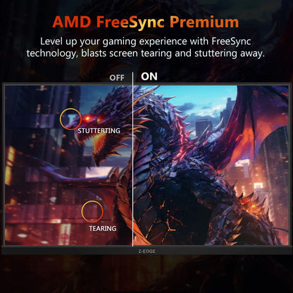Gaming monitor split screen showing AMD FreeSync Premium off causing stuttering and tearing, on with smooth dragon visuals