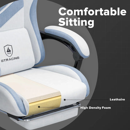 Close-up of GT Racing ACE gaming chair seat highlighting leather and high-density foam layers for comfortable sitting