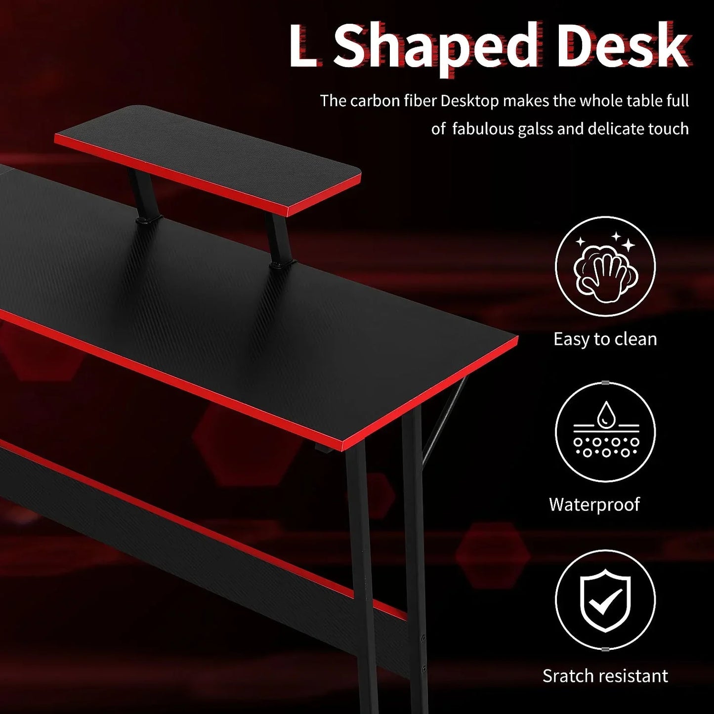 L shaped black carbon fiber desk with red trim, elevated shelf, waterproof, easy to clean, scratch resistant