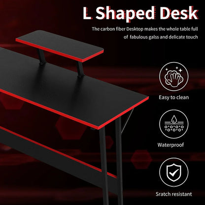 L shaped black carbon fiber desk with red trim, elevated shelf, waterproof, easy to clean, scratch resistant