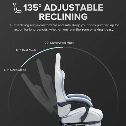 White ergonomic chair showing adjustable reclining angles from 90° game mode to 135° sleep mode
