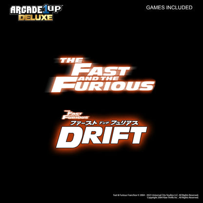 Arcade1Up Deluxe Fast and Furious and Drift game titles, black background, retro gaming