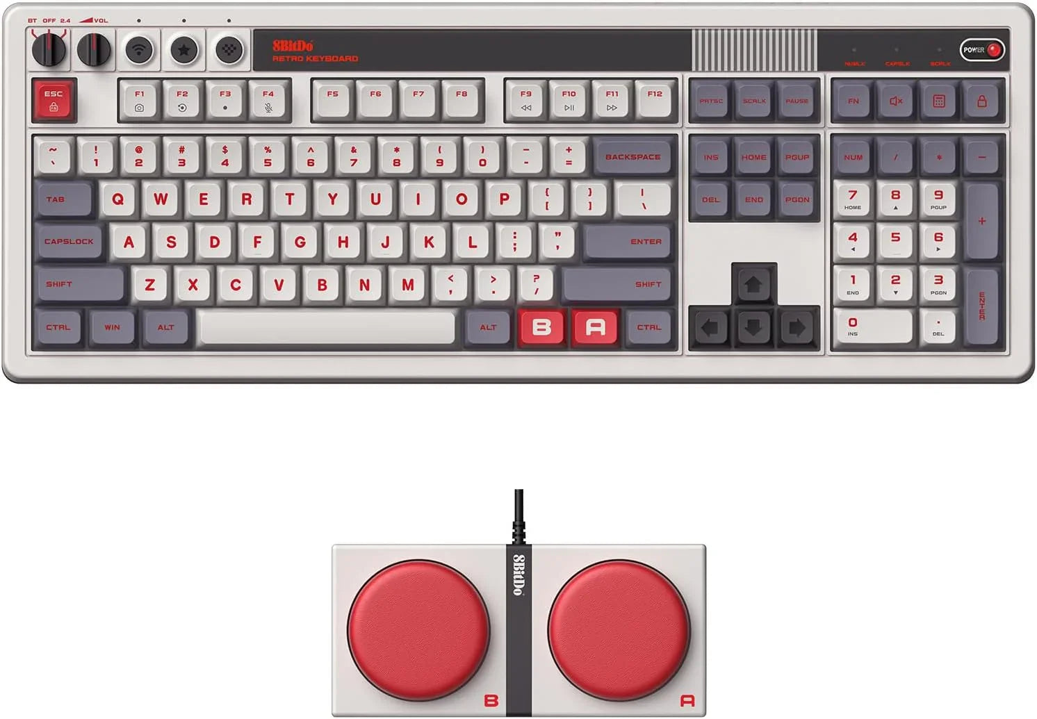 Retro gaming keyboard with red accent keys and matching large button gamepad