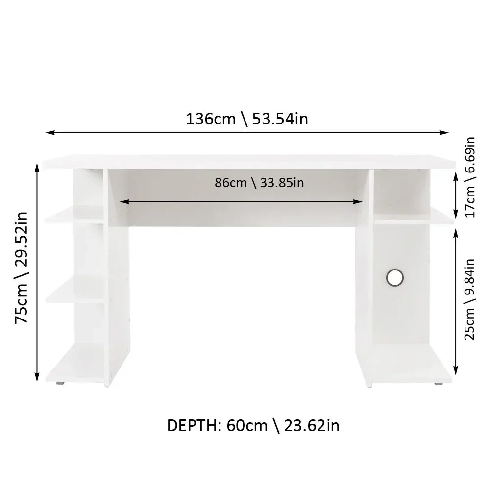 Large Modern Gaming Computer Desk 53 Inch with 5 Shelves Cable Management Student Study Wooden Table Home Office Gamer Desk for Kids and Adults - White