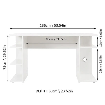 Large Modern Gaming Computer Desk 53 Inch with 5 Shelves Cable Management Student Study Wooden Table Home Office Gamer Desk for Kids and Adults - White