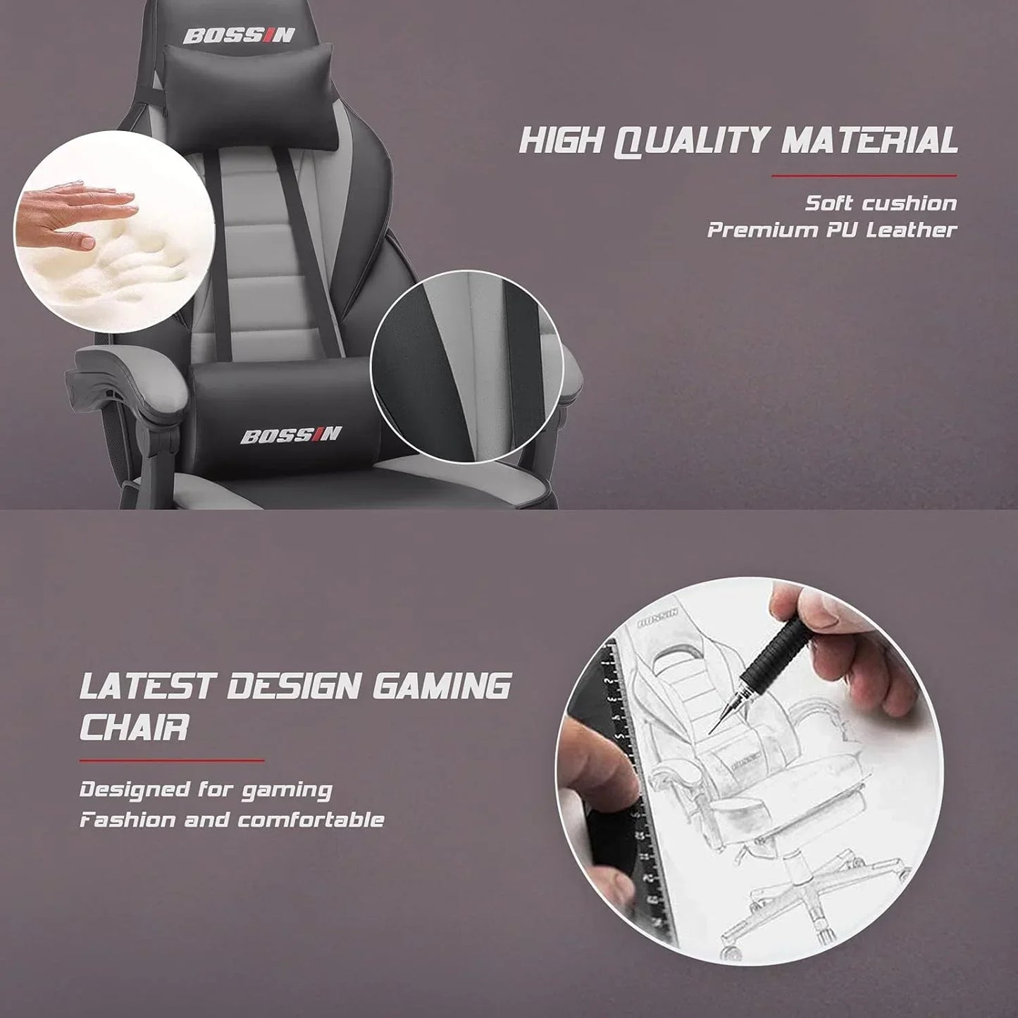 Bossin gaming chair with soft cushion, premium PU leather, and ergonomic design sketch