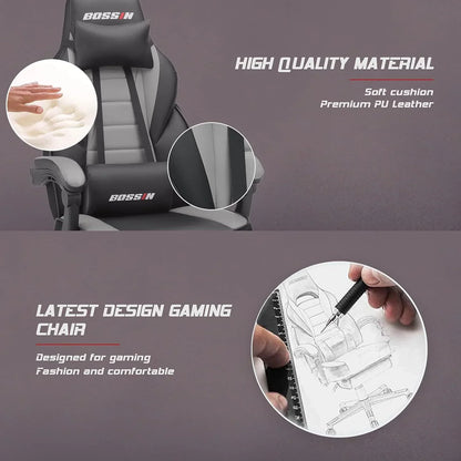 Bossin gaming chair with soft cushion, premium PU leather, and ergonomic design sketch