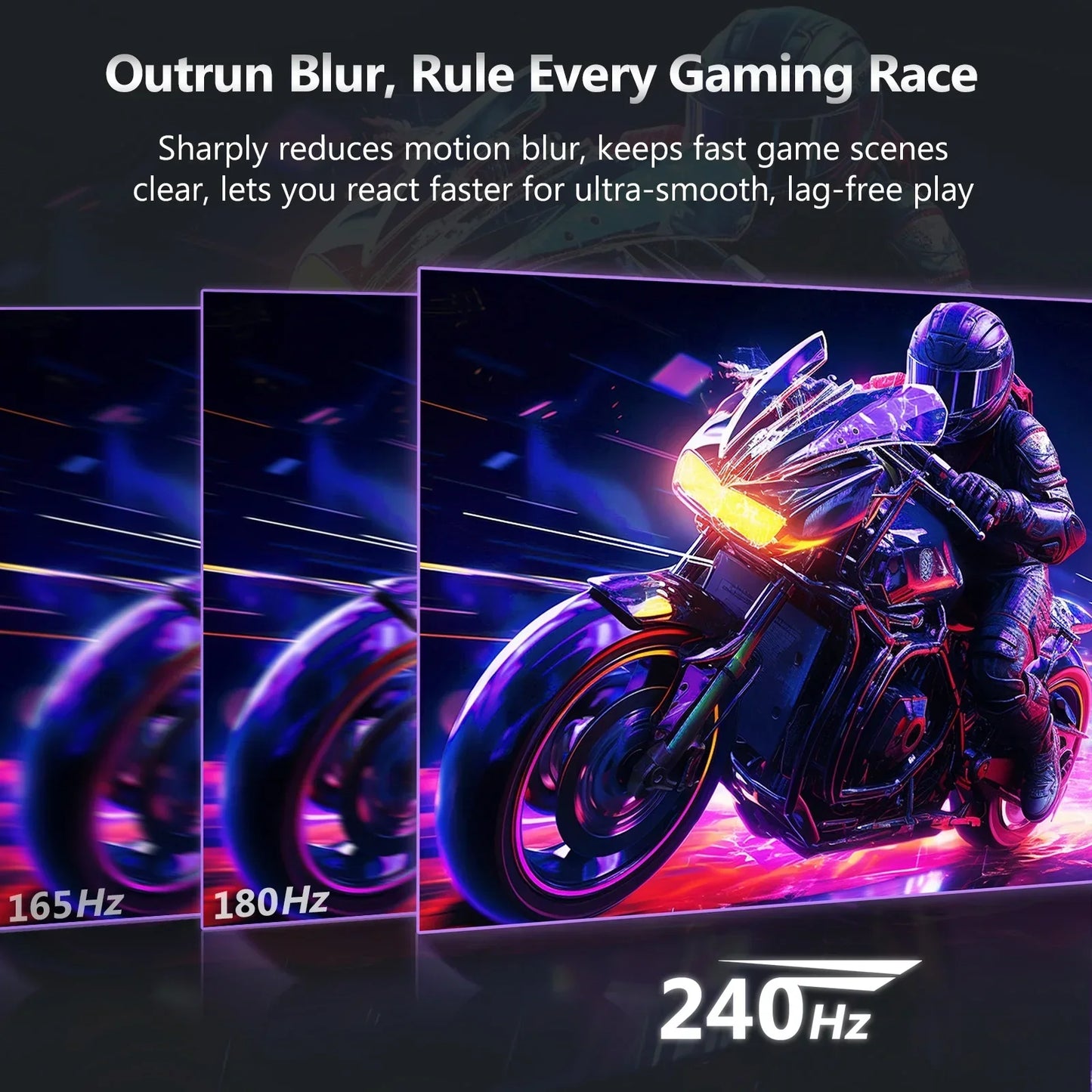 Graphic comparing motion blur reduction on gaming monitors at 165Hz, 180Hz, and 240Hz refresh rates with a fast motorcycle racer image