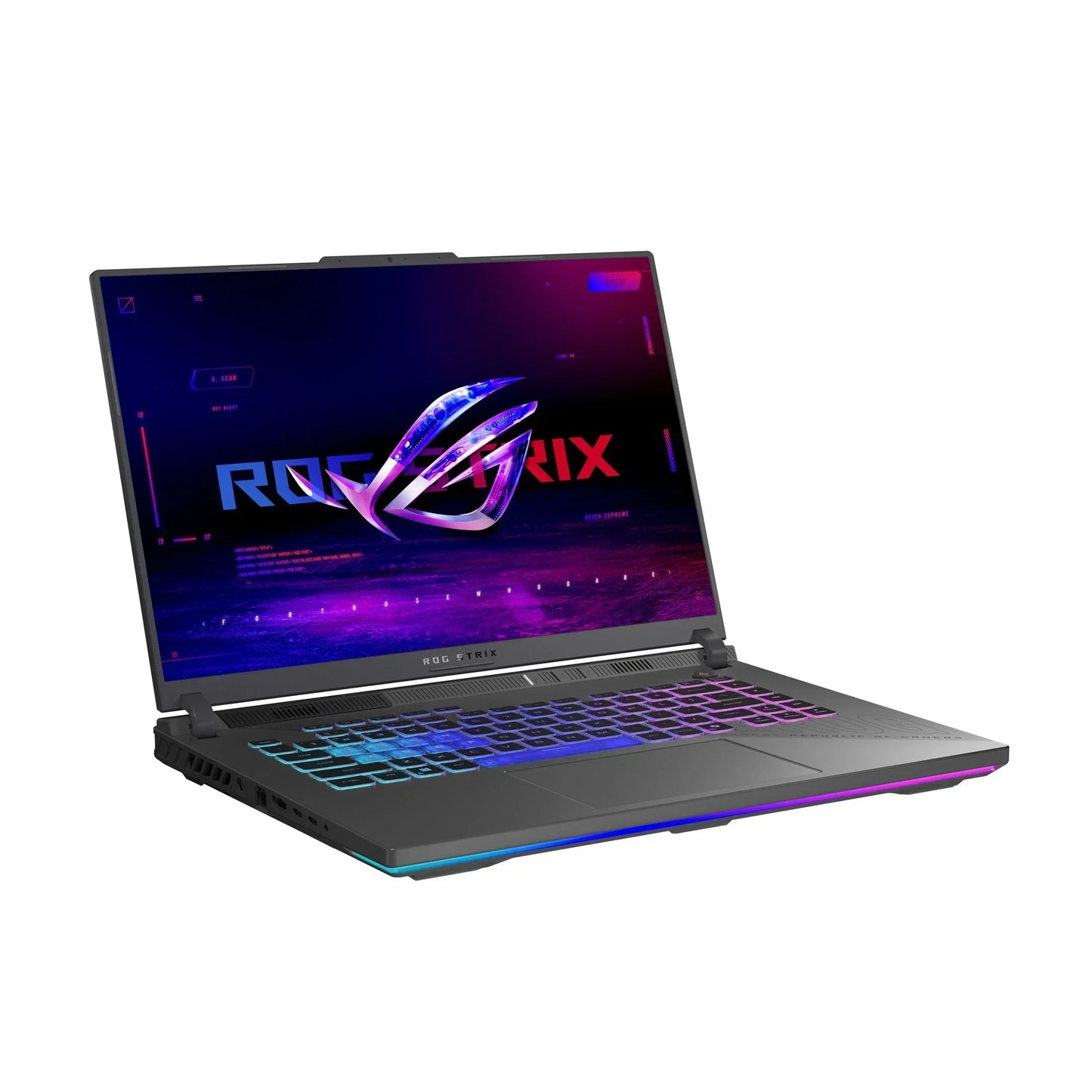 Gaming laptop with RGB keyboard and vivid ROG STRIX logo on screen, angled view